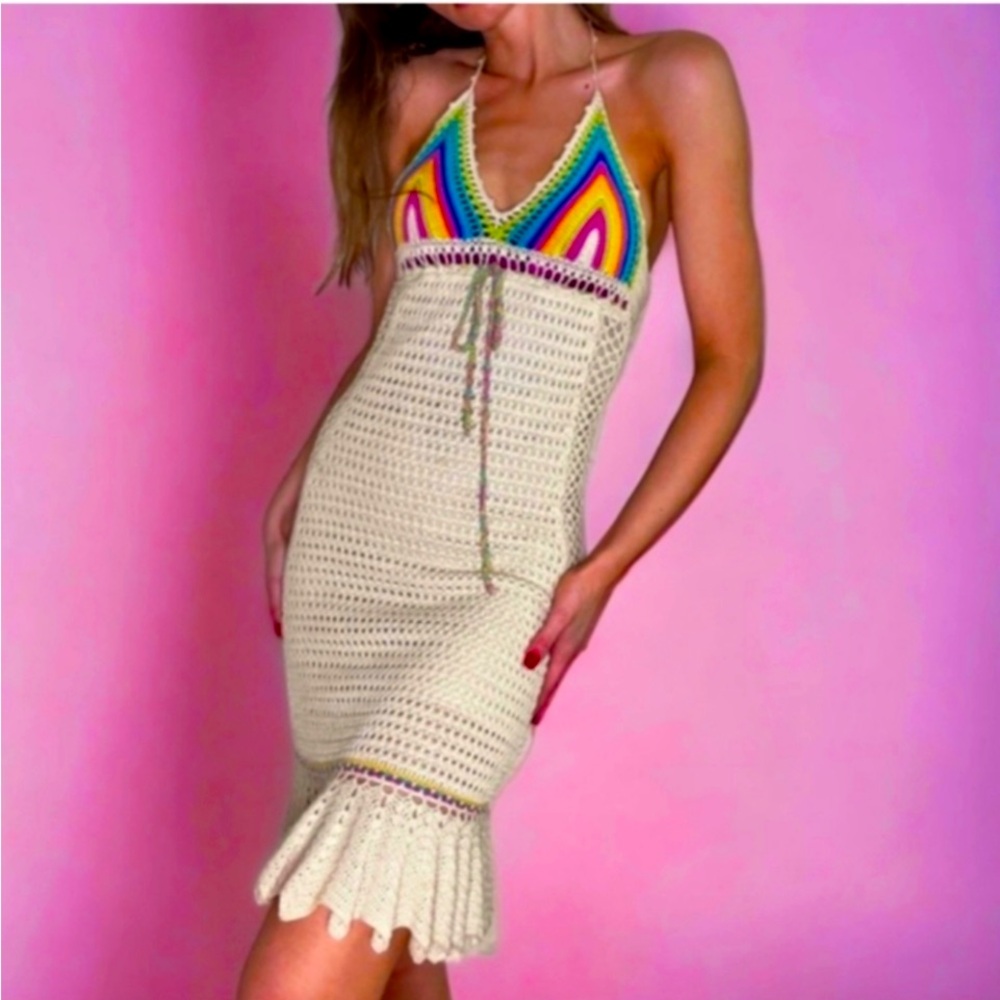 NWOT Free people rainbow crochet halter dress